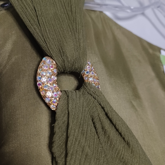 #66 Citrine Green Silk Drop Waist Empire Waist Ruched Bodice Dress Women's 12 - Picture 4 of 11